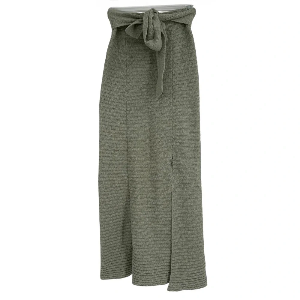 Free People Claudia Green Knit Belted Blanket Skirt Size XS Slit Rib-Knit Maxi - Picture 4 of 11